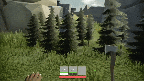 First-person view over a grassy hillside with pine trees, a hand at left, and an axe held at right.