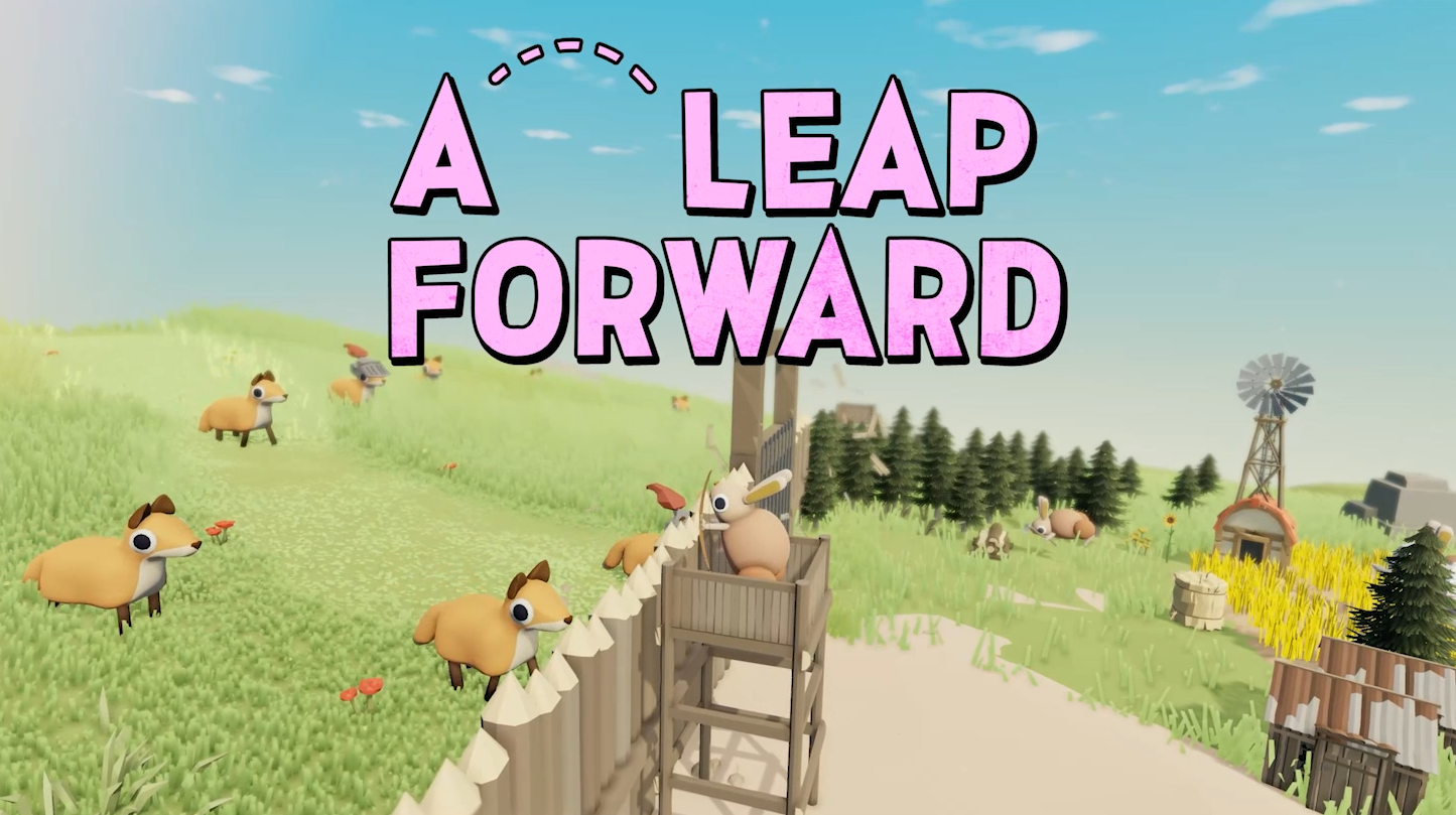 Pink title text floats over a grassy scene with rabbits, a fence, trees, and a windmill.
