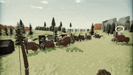 Several rabbits stand in a grassy field with task icons above them, near carts, trees, and buildings.