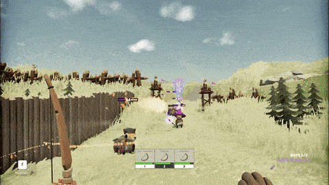 Rabbits in a grassy field gather near wooden fences and watchtowers in a first-person strategy game scene.
