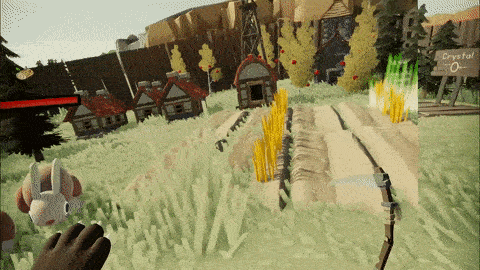 First-person view of a rabbit village with houses, crops, trees, and a rabbit in the foreground.