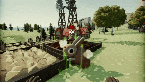 A brown rabbit carries a tool toward a fenced worksite with rocks, trees, and windmills.