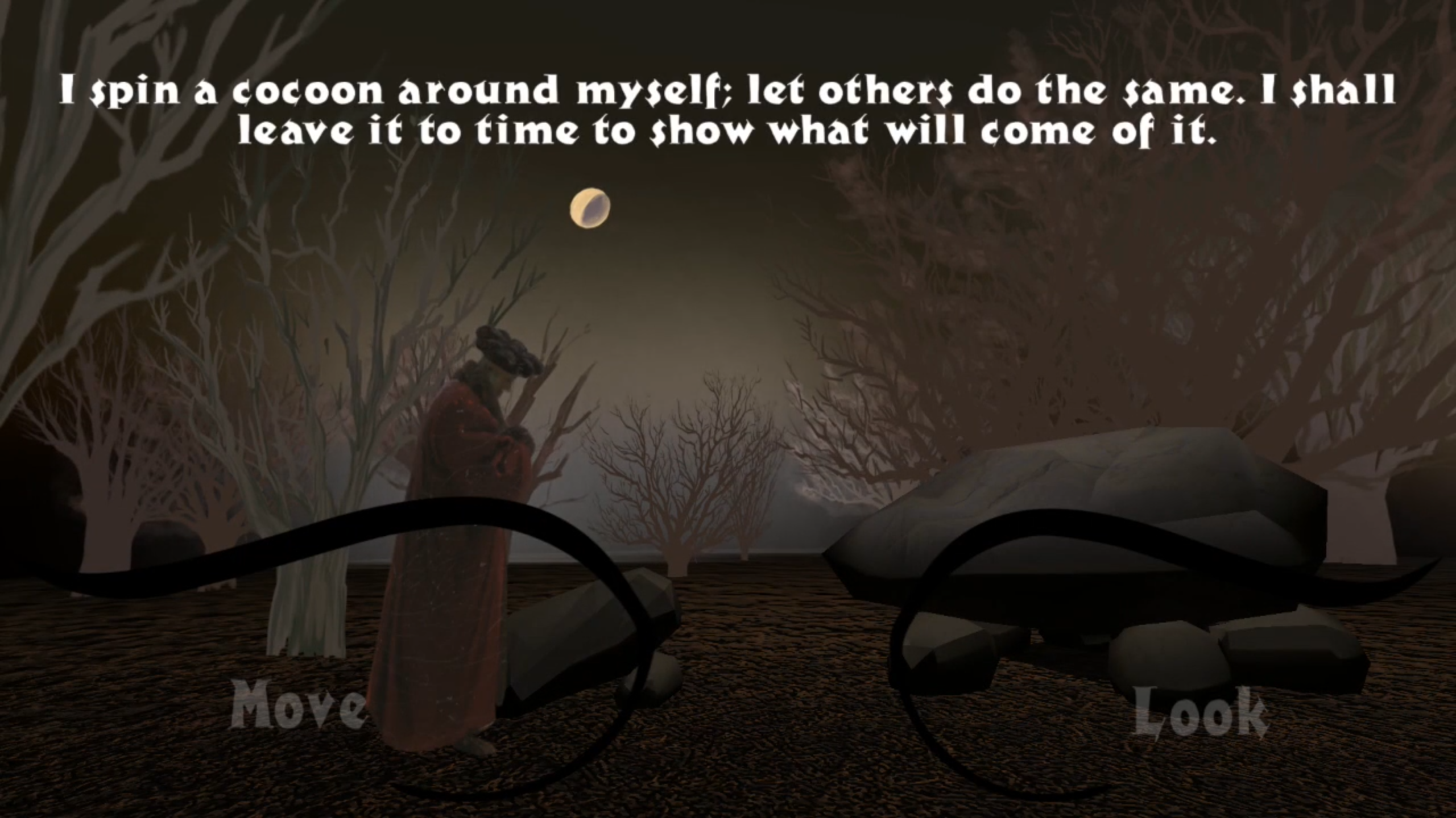 Dark scene with a figure on a hill, leafless trees, a moon, and large Move and Look glasses icons.