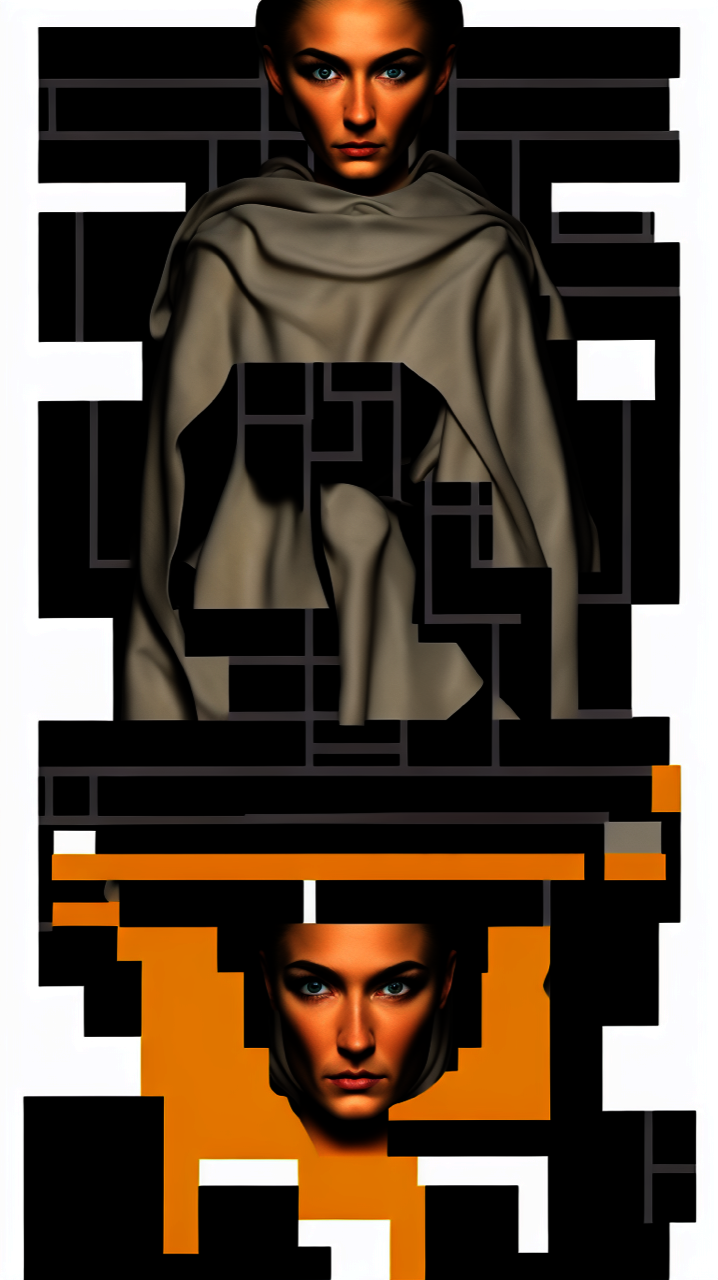 A stylized portrait of a face in a hooded garment, mirrored above and below with black and orange geometric blocks.