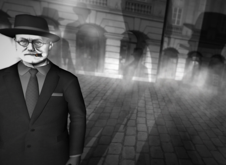A suited man in a hat stands in a foggy black-and-white street scene with arches and cobblestones.