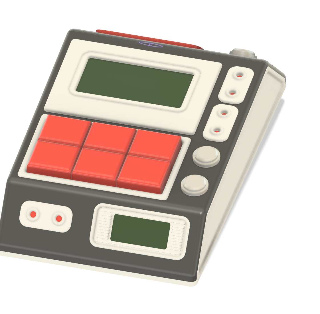 Angled view of a retro-futuristic handheld device with two screens, red button pads, and side controls.