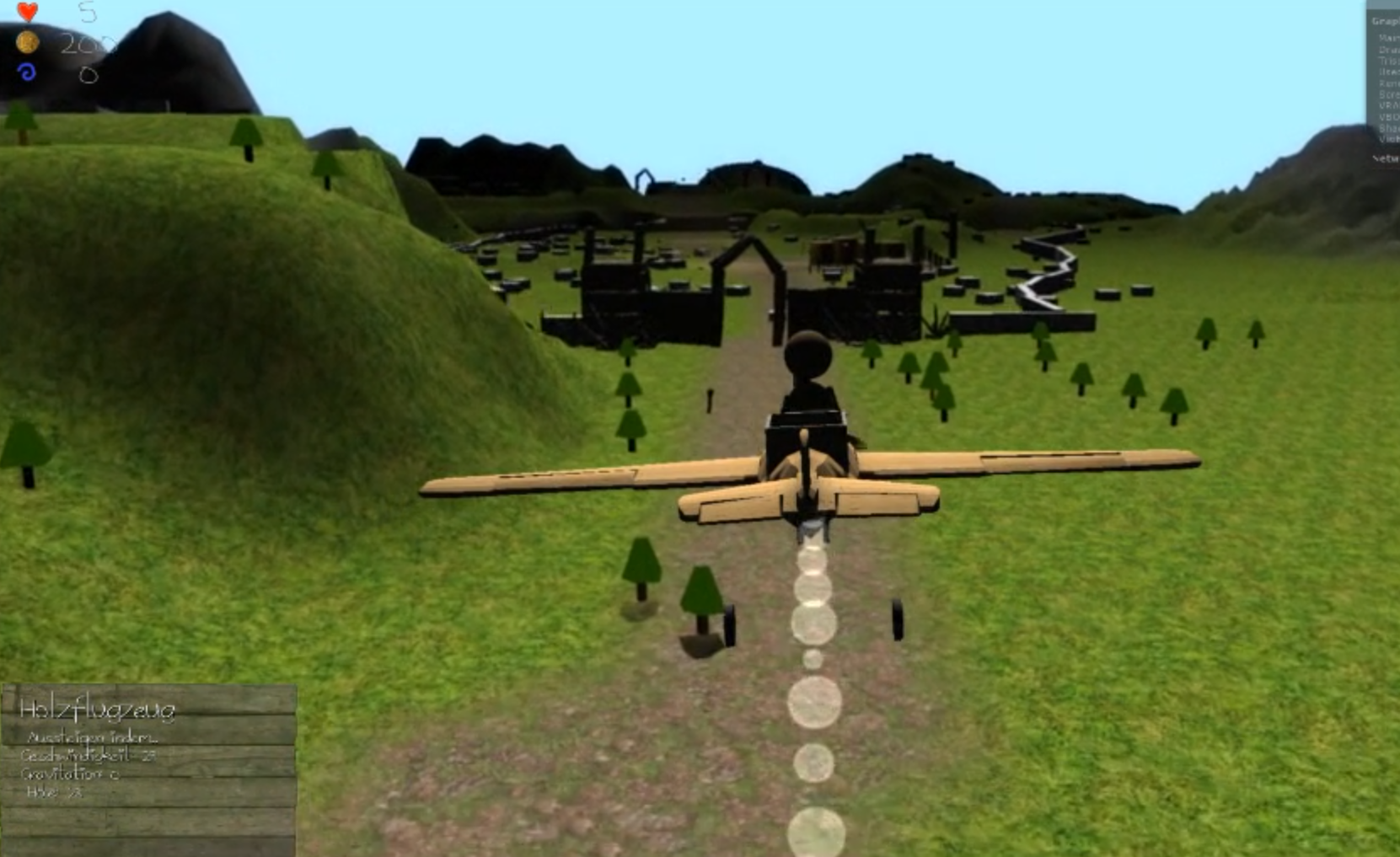 A plane flies low over grassy hills toward a simple blocky town, with a circular trail behind it.