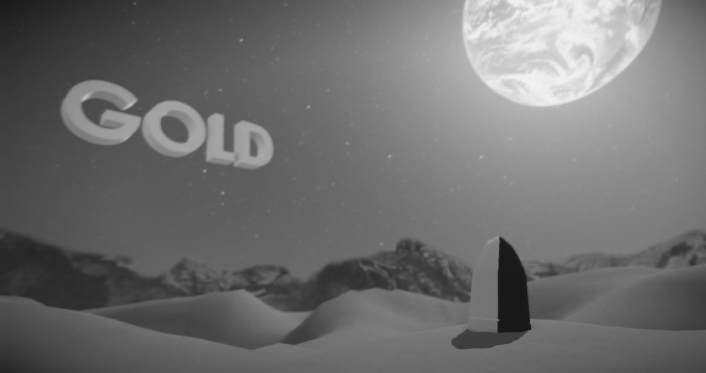 A black-and-white 3D scene shows the word Gold, a bright moon, mountains, and a tall dark rocket-like object.