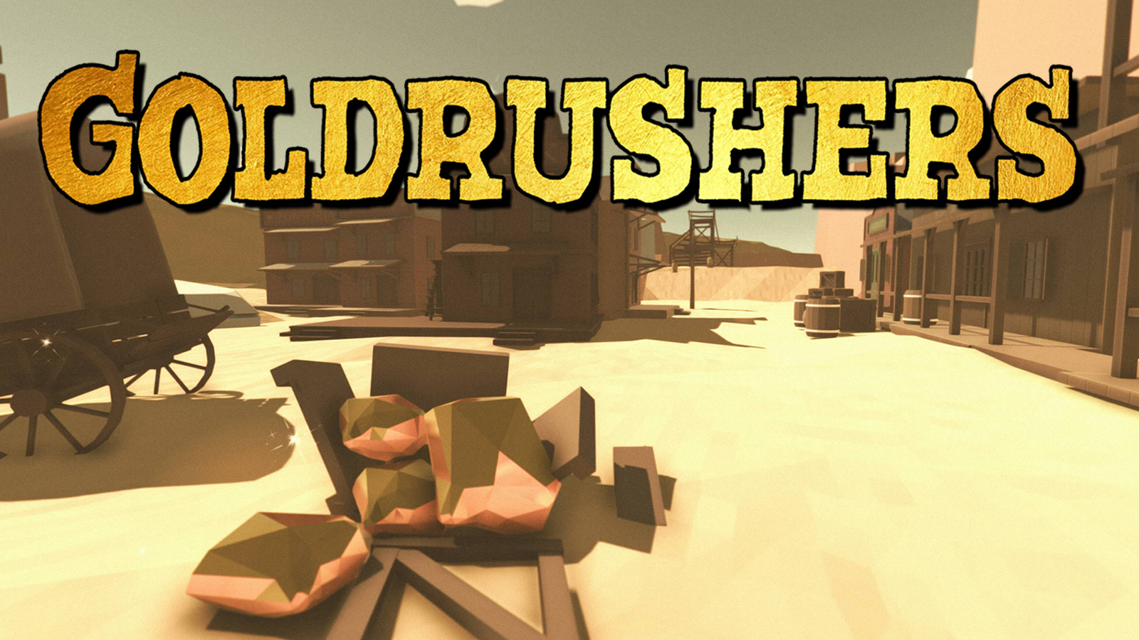 Goldrushers title screen over a dusty western street with a fallen prospector in the foreground.