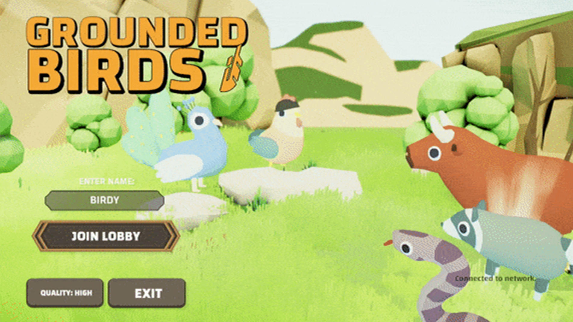 Grounded Birds game menu with three cartoon birds in a grassy rocky landscape and buttons for Birdy, Join Lobby, Guide Help, and Exit