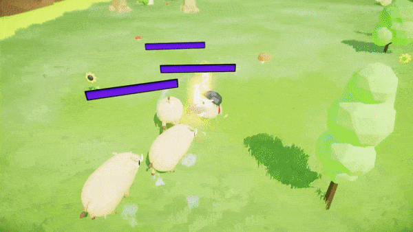 Three hatchlings attack a glowing enemy on a bright grassy field with purple health bars above them.