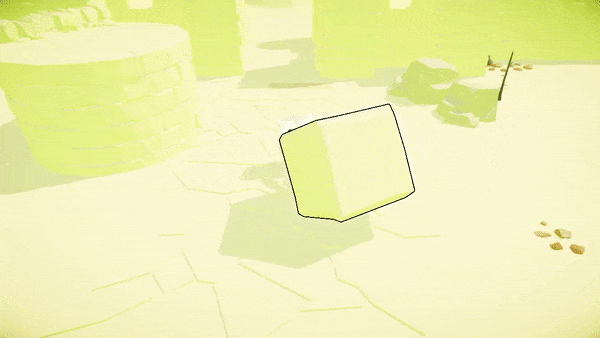 A glowing cube floats above cracked ground in a bright, stylized desert-like game scene.