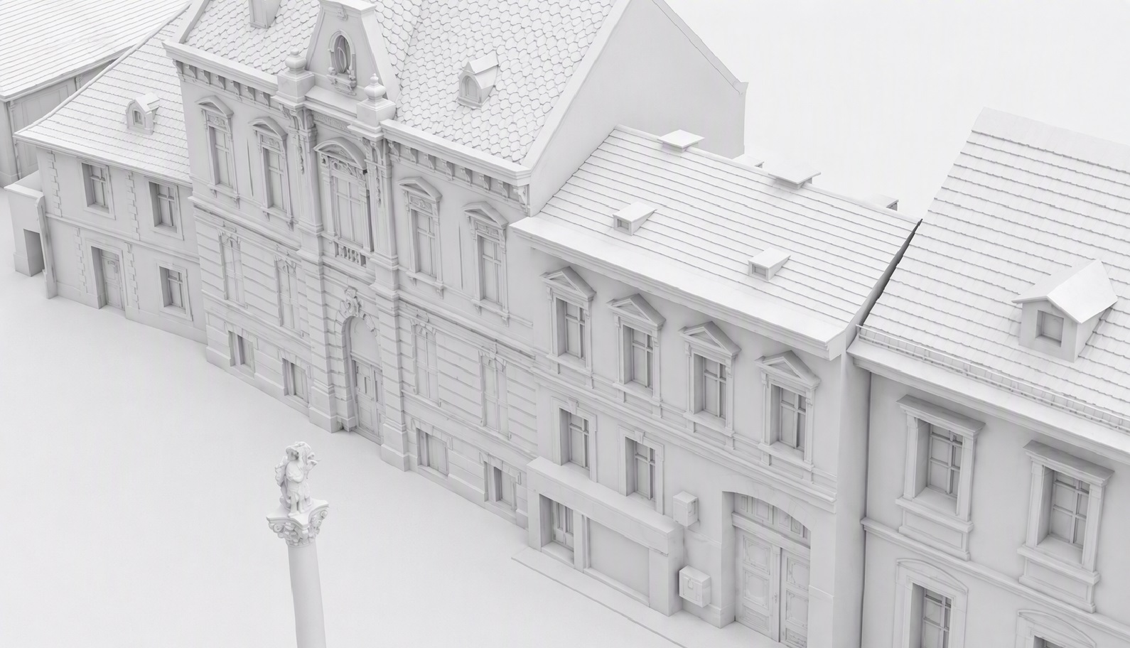 White render of the 3D-modelled Hauptplatz façades in Mattersburg, the Trinity column in front.
