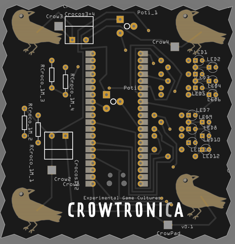 Black PCB layout for a Crowtronica controller with bird silhouettes, labeled components, and many solder pads.