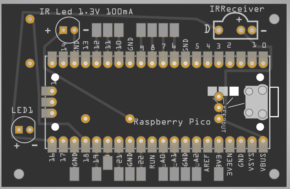 Raspberry Pi Pico PCB layout with labeled LED, IR receiver, and pin headers.