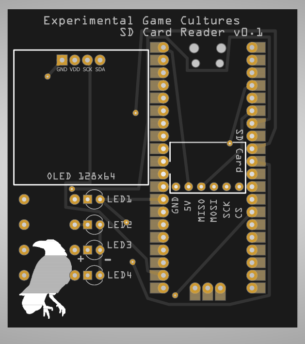 A PCB layout for an experimental game controller with labeled pins, OLED and LED connections, and a bird graphic.