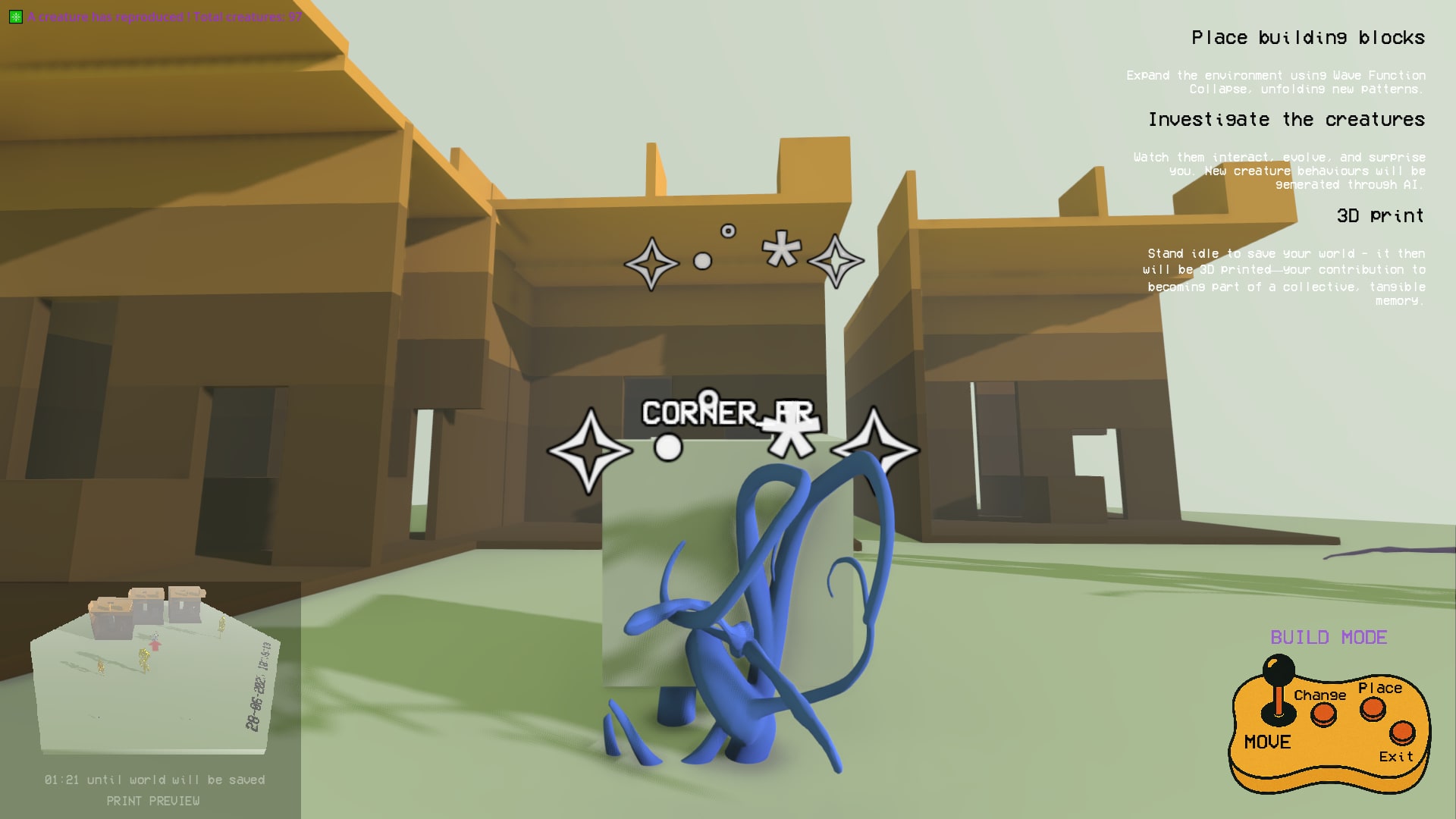 A tangled blue creature stands in a courtyard of brown block walls, sparkles marking it as something to investigate