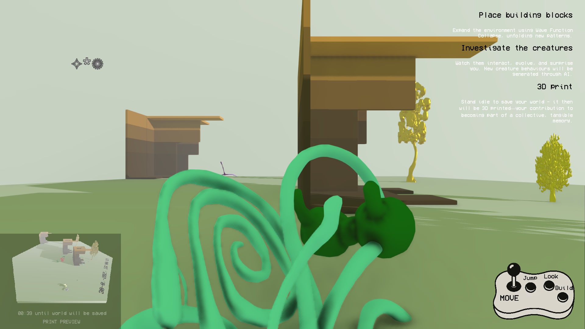 A green spiral creature grows out of the grass in a generated level of wooden block buildings, with the game’s task list in the corner