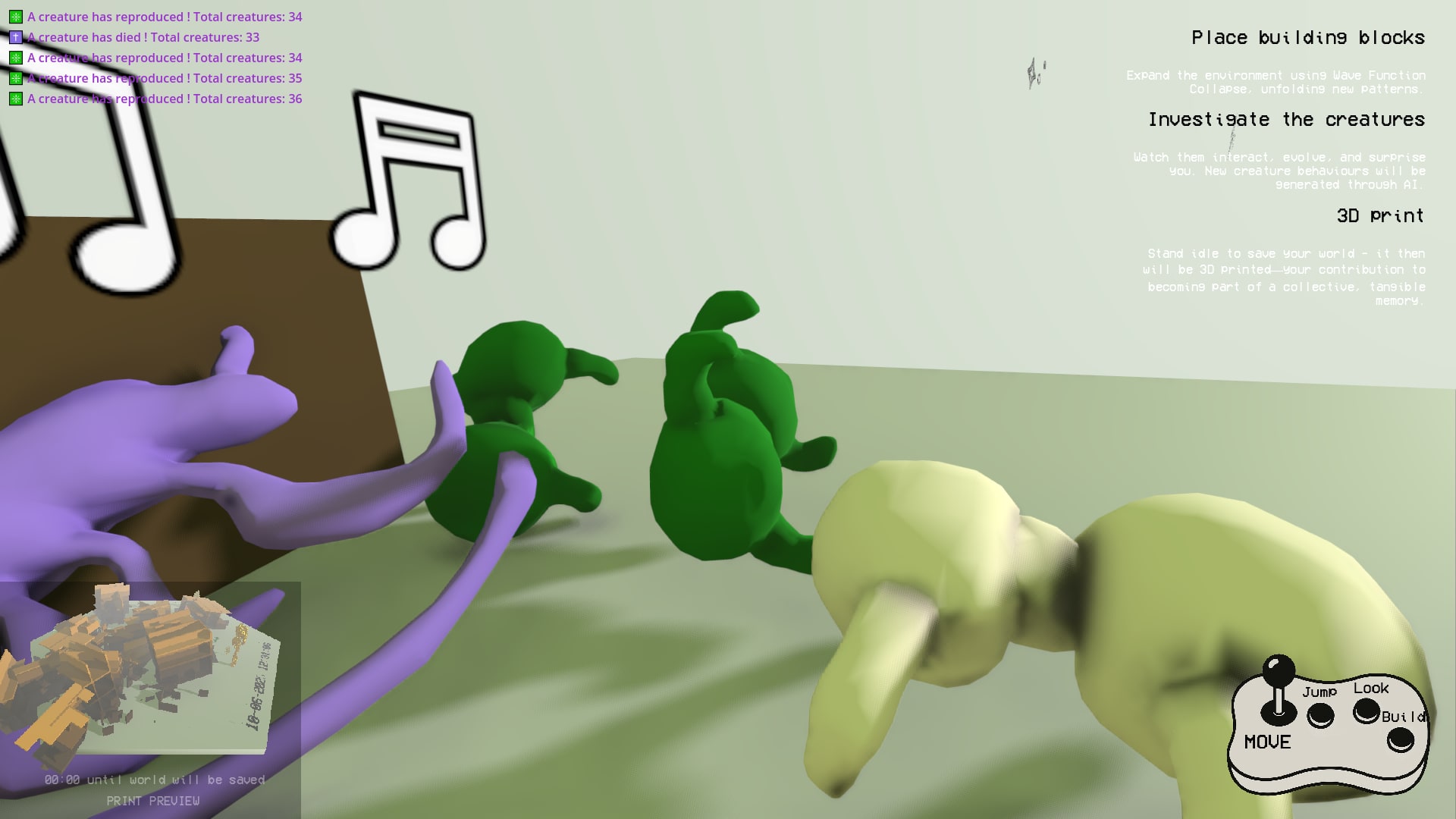 Soft purple, green and cream creatures gather among the blocks while music notes float over them