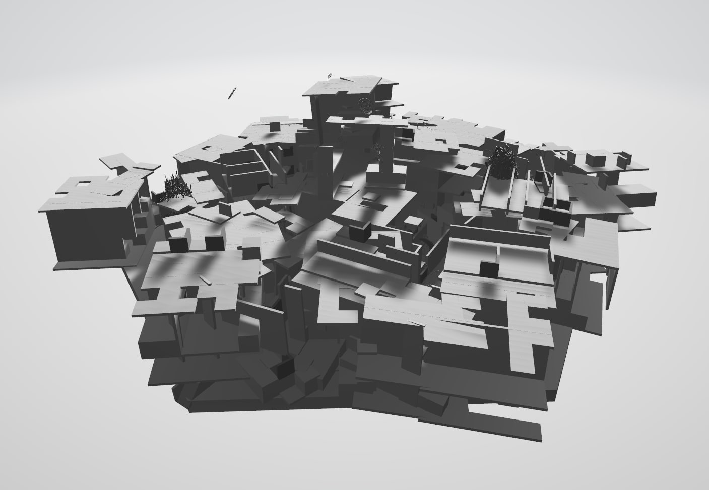 A grey overhead render of a whole generated level, packed edge to edge with stacked block buildings