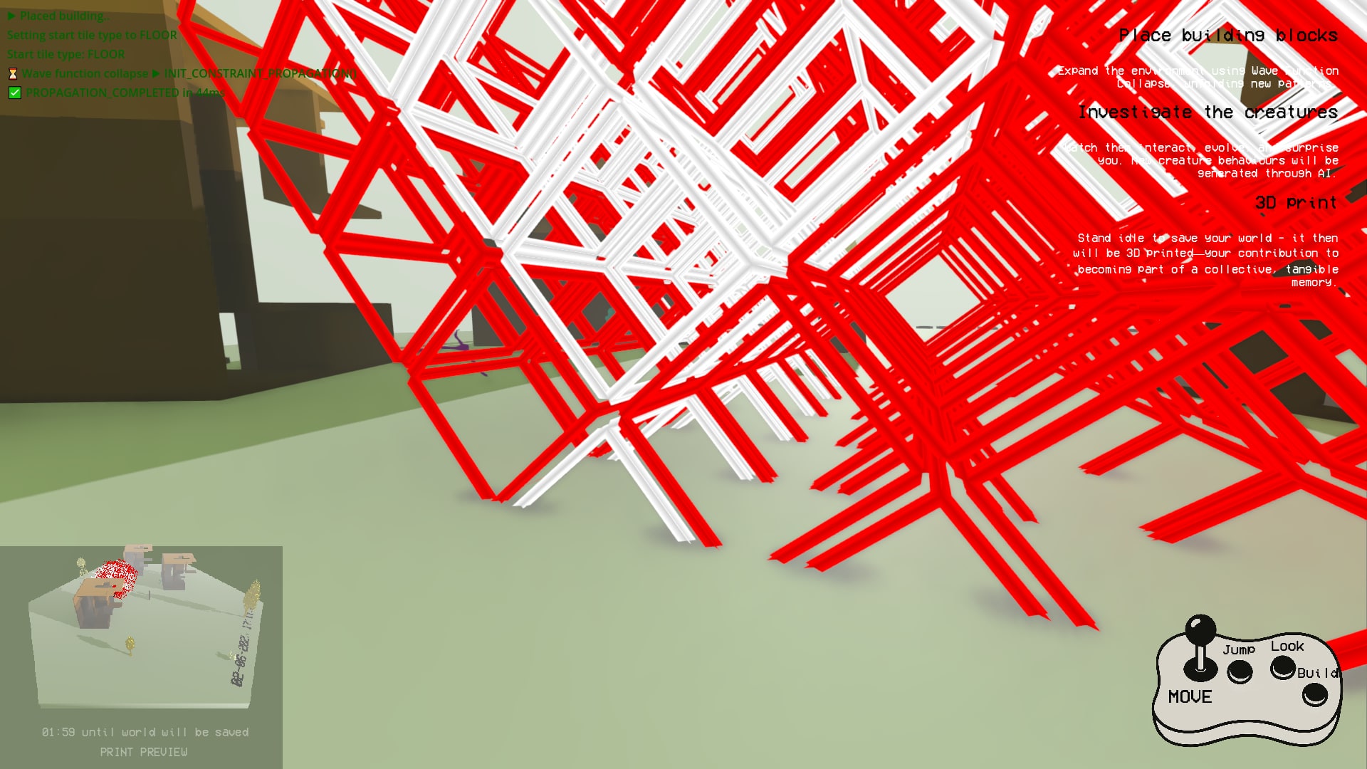 A dense lattice of red and white beams fills the view, a structure the level generator grew