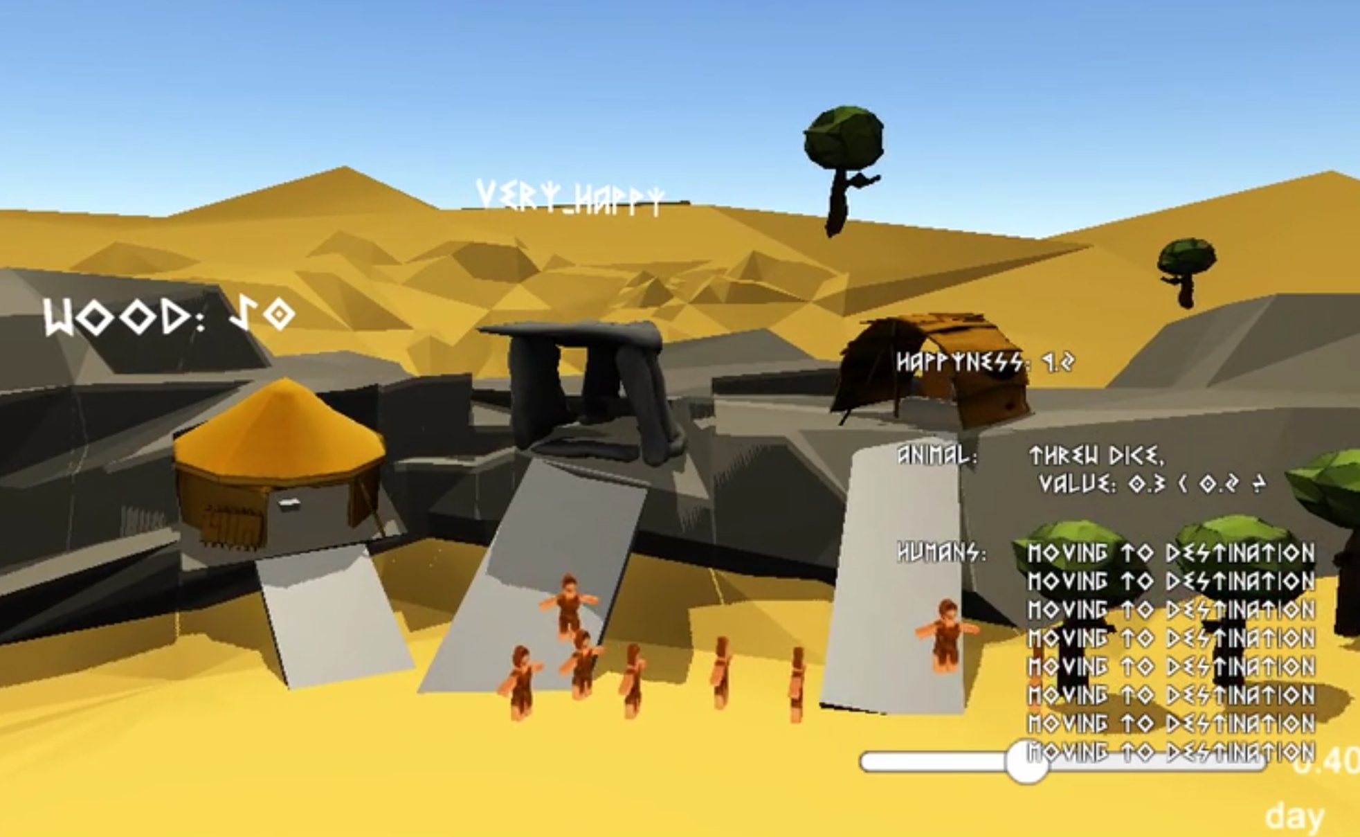 Low-poly desert VR game scene with tiny characters, floating HUD text, and a day/night slider.