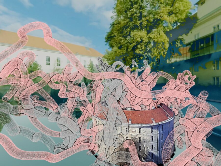Pink ribbon-like forms twist across a landscape with buildings, trees, and blue sky.