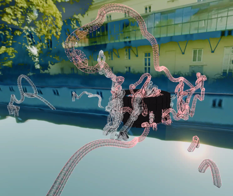 Pink wireframe 3D forms float over a mirrored pool beside a yellow building and trees.