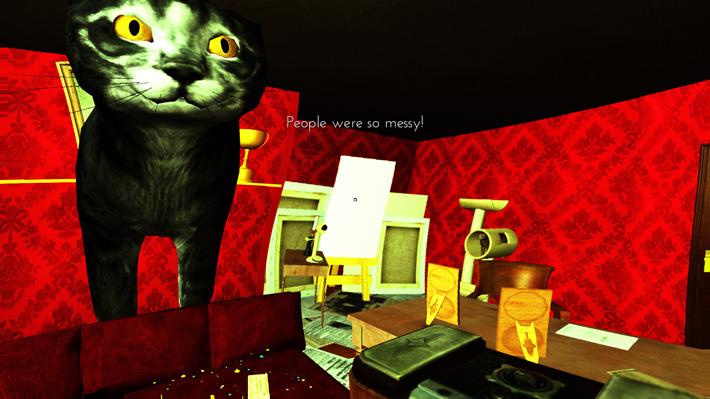 A black cat towers over a cluttered red room with a small white chair and scattered objects.