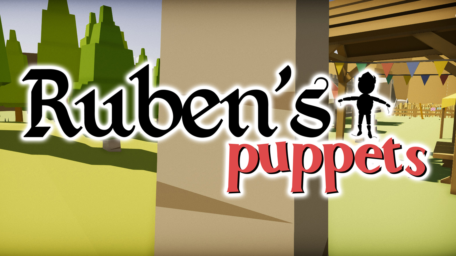 Ruben's Puppets title graphic over a stylized puppet-world landscape with a black puppet silhouette.