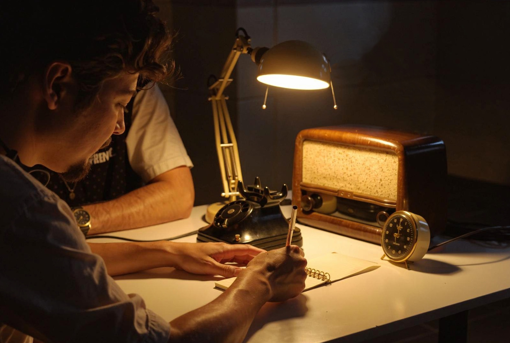 Two people study notes beside a lit desk lamp, with a vintage rotary telephone and radio on the table.