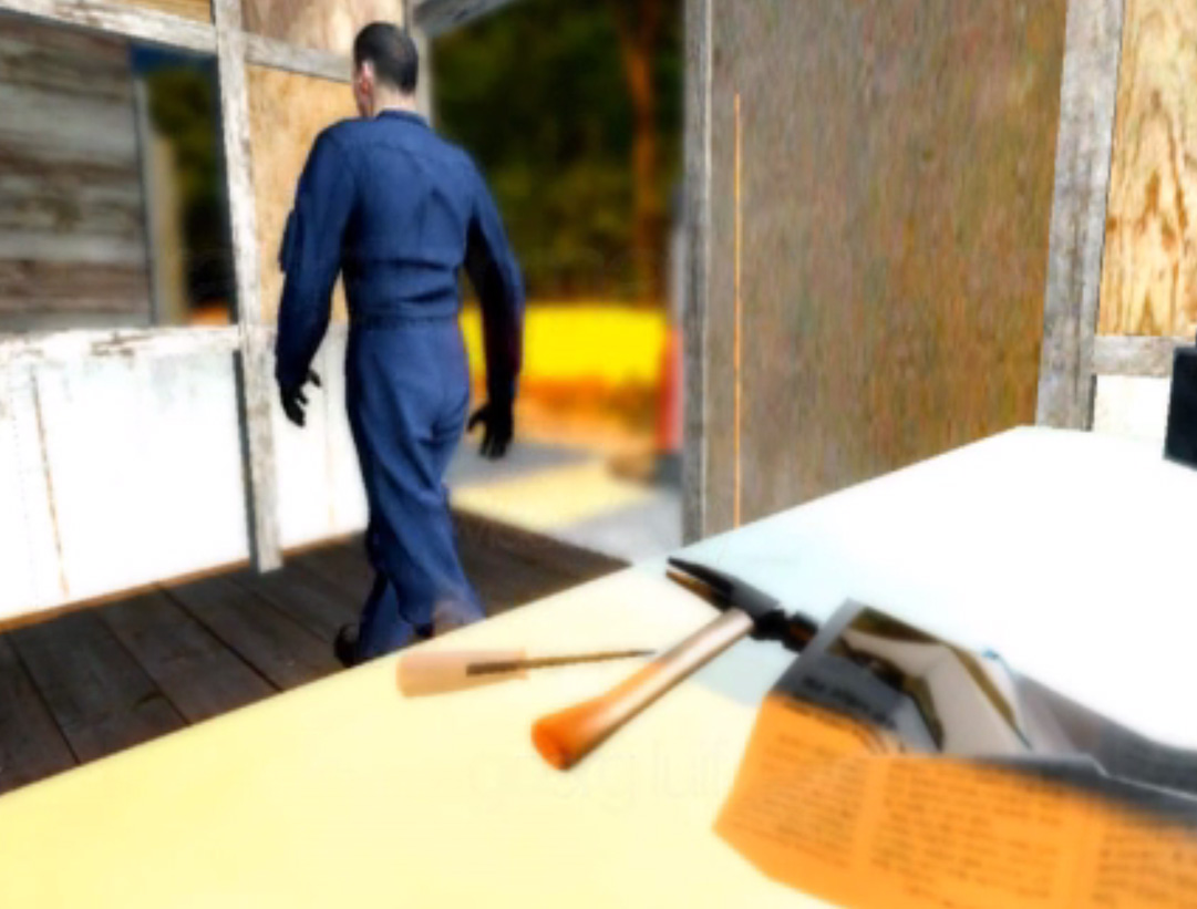 A man in blue coveralls walks away in a sparse, blurry interior with tools on a table and a bright opening beyond.