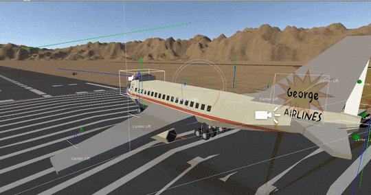 A small airplane sits on a runway beside desert hills, with cockpit screens and the tail labeled George Airlines.