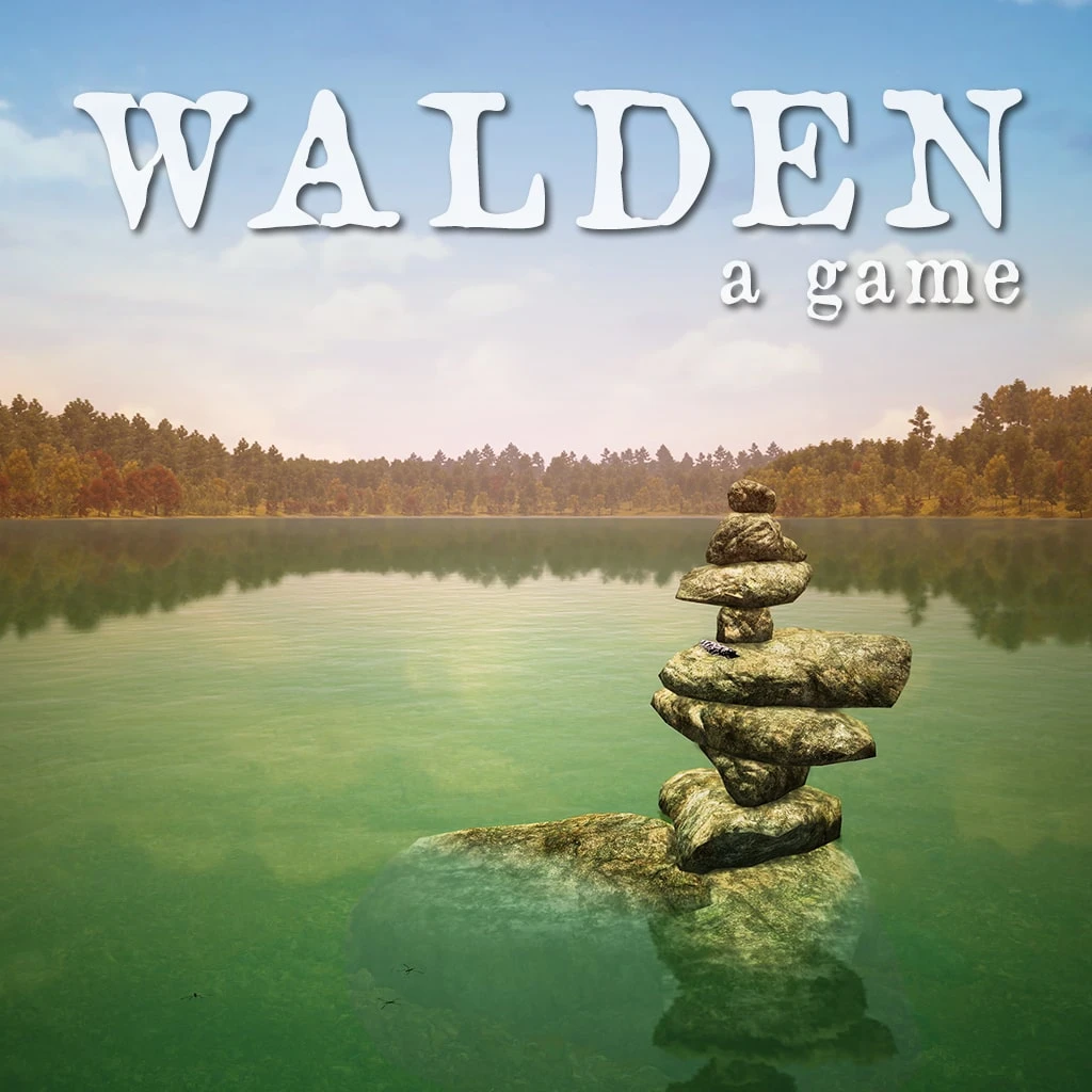 Walden, a game — key art: a cairn of stacked stones in the green, still water of Walden Pond, autumn woods on the far shore.