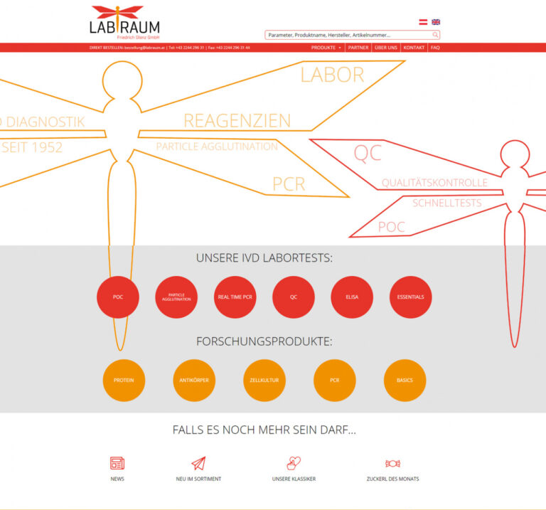 The Labraum website: red lab-diagnostics lettering with round buttons for lab tests and research products.
