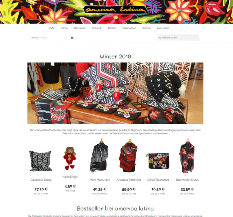 The America Latina online shop: an embroidered banner, a winter window display and a row of products with prices.