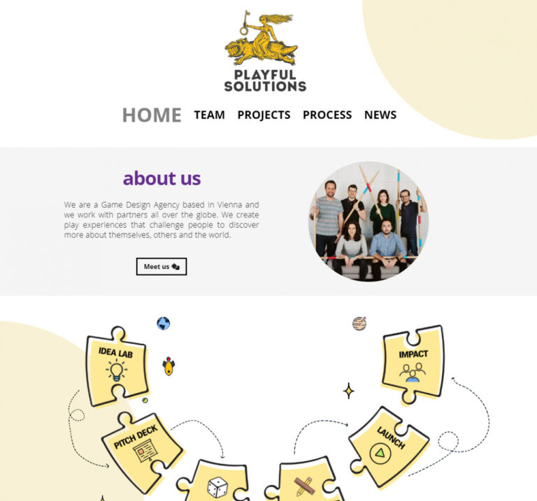 The Playful Solutions website: a golden deer logo, a team photo and puzzle-piece illustrations of the process.