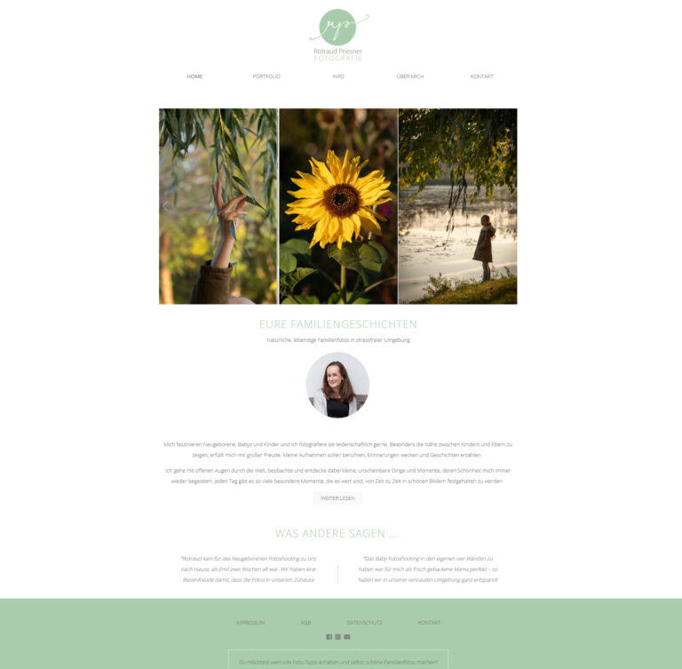 Rotraud Priesner’s website: three nature photographs over a section on family histories.