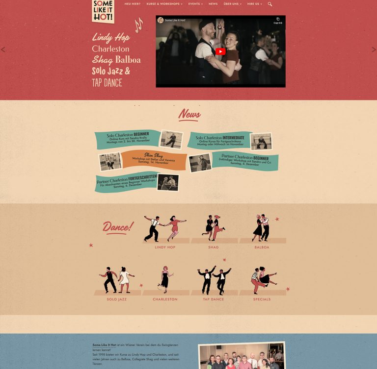 The Some Like It Hot dance school website: a red header with a dance video, news cards and dance-style illustrations.