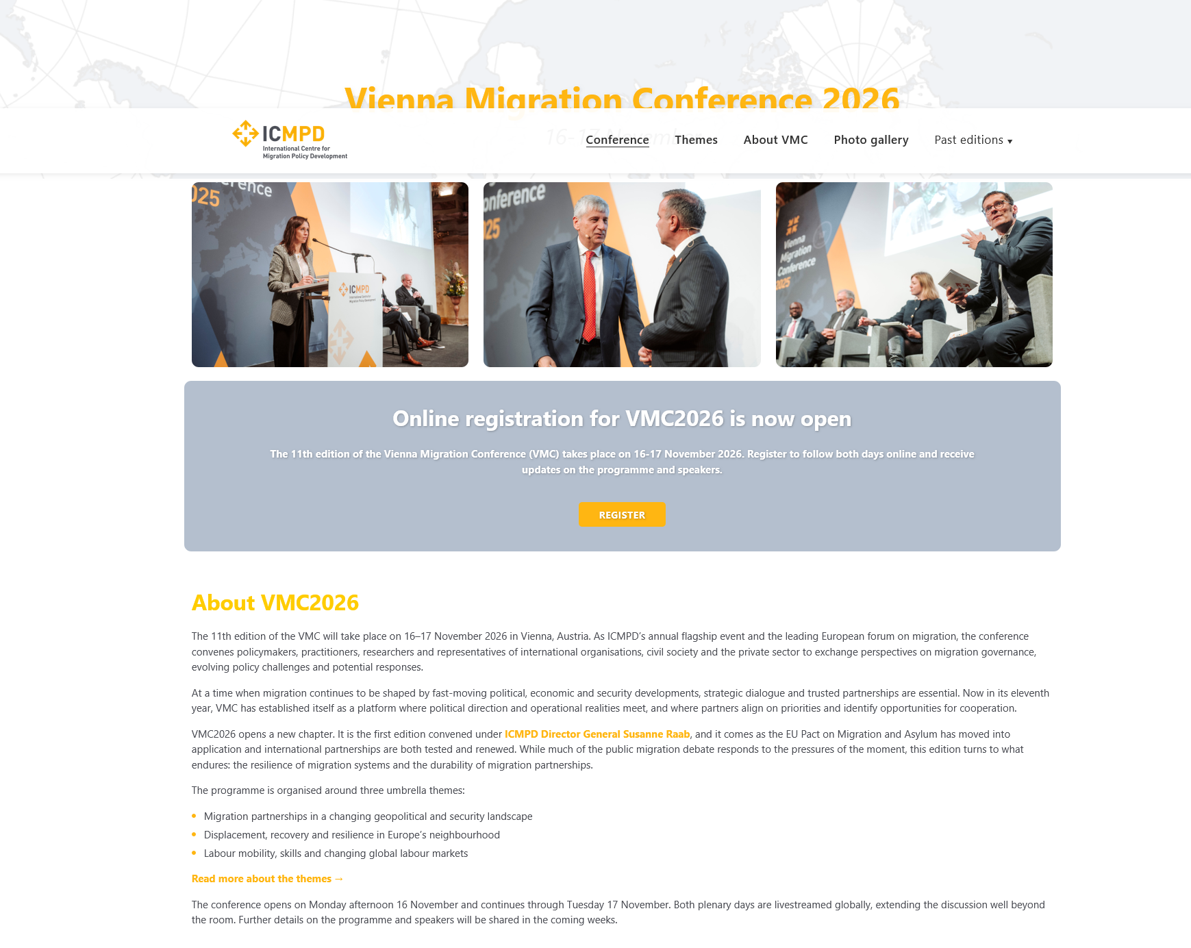 The Vienna Migration Conference website: the ICMPD header, conference photos and an open-registration banner.
